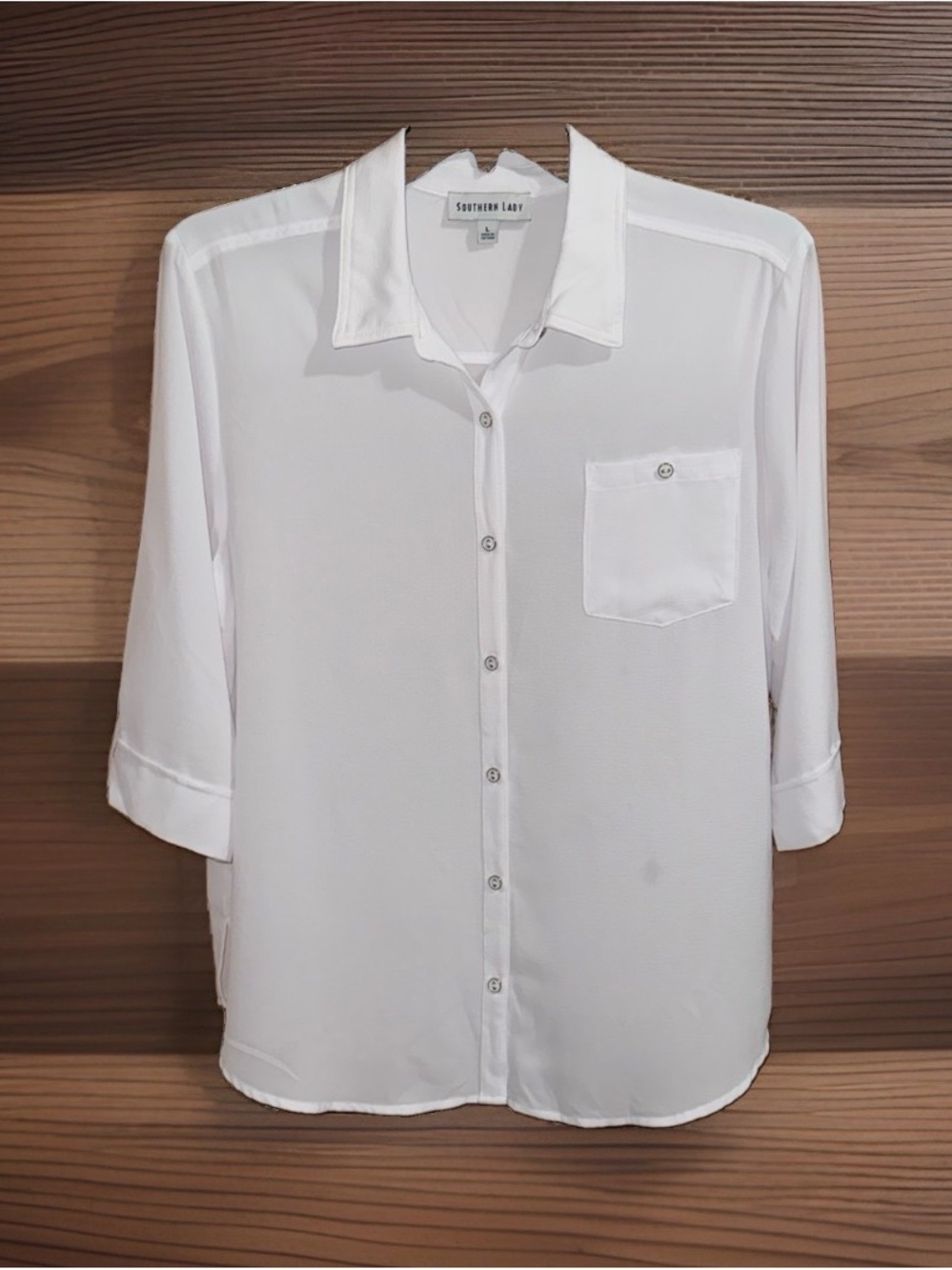 Southern Lady White Relaxed Fit Button-Front Shirt w/Pocket & 3/4 Sleeve-L-EC